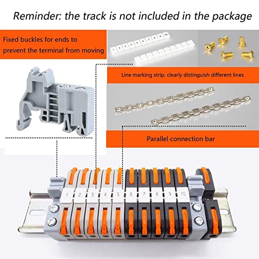 [Australia - AusPower] - DIN Rail Terminal Blocks kit,Universal Compact Wire Wiring Connector (20 pcs connectors+2 pcs Article in Parallel+ 2 pcs Digital Identification+2Pcs Fixed clamp+20 pcs Screw) 20 pcs connectors 