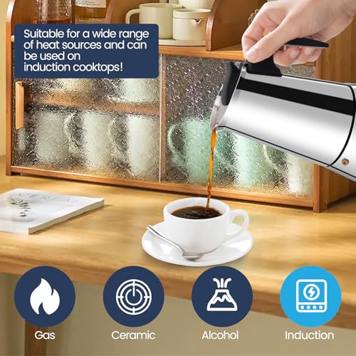 Stainless steel 2-cup Moka pot by Supvision for stovetop espresso brewing, with 100ml capacity and classic Italian design.