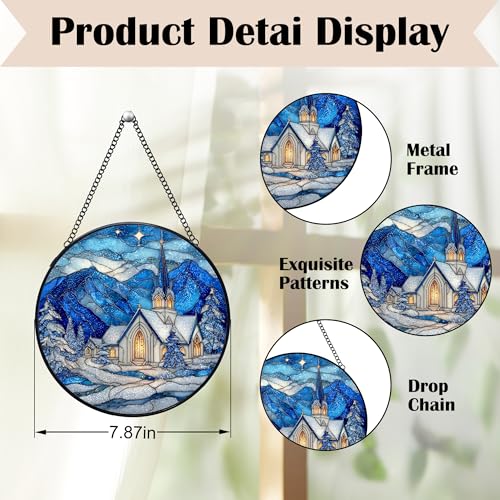 Christian Church Christmas Stained Glass Window Hanging Suncatchers, Religious Winter Sun Catchers Indoor Window Glass Wall Art Decor, Winter Wall Hanging Decorations Sculptures, 7.9x7.9in