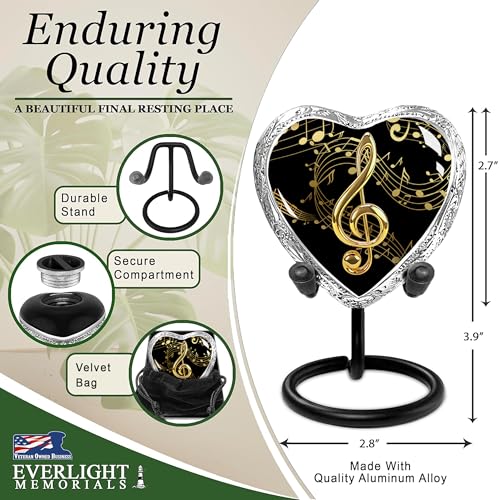 Musical Notes Heart Keepsake Urn for Human Ashes – Black Small Sharing Urn for Men & Women – Music Memorial with Stand & Velvet Bag