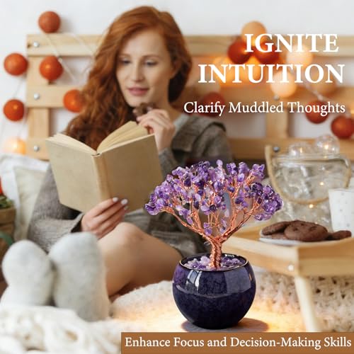 Runyangshi Amethyst Crystal Tree, Natural Tree of Life Gemstone Tree Handcrafted Crystal Gravel Ornament, Spiritual Feng Shui Home Decor, Luck Prosperity Abundance Gift for Women Purple
