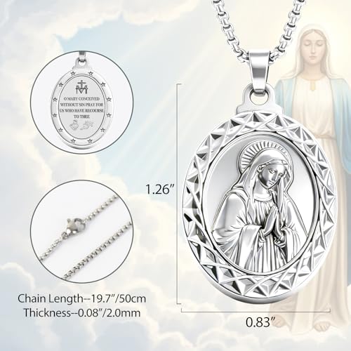 Virgin Mary Necklace, Catholic Religious Medal Pendant Bless Safety Gift for Men & Women Family Friends Sliver