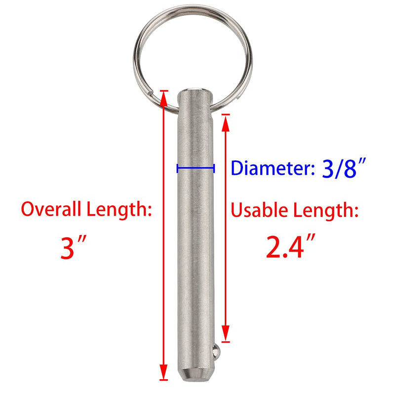 [Australia - AusPower] - 2 Pack Long Quick Release Pin, Diameter 3/8"(9.5mm), Usable Length 2.4"(61mm), Overall Length 3"(76mm), Full 316 Stainless Steel, Bimini Top Pin, Marine Hardware 