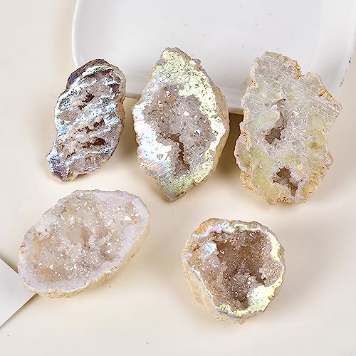 JIC Gem 0.88 Lbs Angel Aura Quartz Crystals Geode Druzy Cluster Titanium Coated Natural Irregular Rock Gemstone Specimen 1.2-2.5" Ab Color(0.88 Lbs)