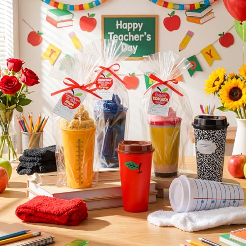 Hushee 6 Sets/ 18 Pcs Teacher Appreciation Gifts Set Thank You Gifts from Student Funny 16 oz Teacher Coffee Cup Fuzzy Socks Apple Card with 20 OPP Bags for Women Men Graduation End of Year