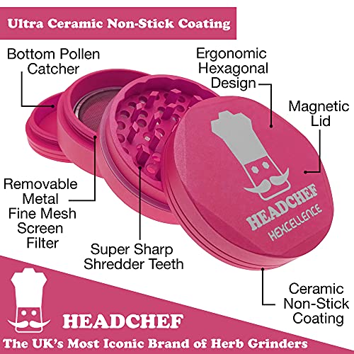 Headchef Hardcore Hexellence Ceramic Non-Stick Coated Metal Herb Grinder, 4 Piece, 62mm (Meltdown Pink)