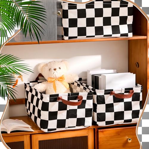 Boao 3 Pcs Black and White Checkered Storage Basket with Handle Regular