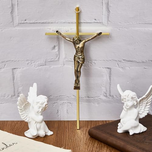 Leinuosen 2 Pcs Metal Wall Crosses Crucifix Catholic Home Decor, Shiny Gold