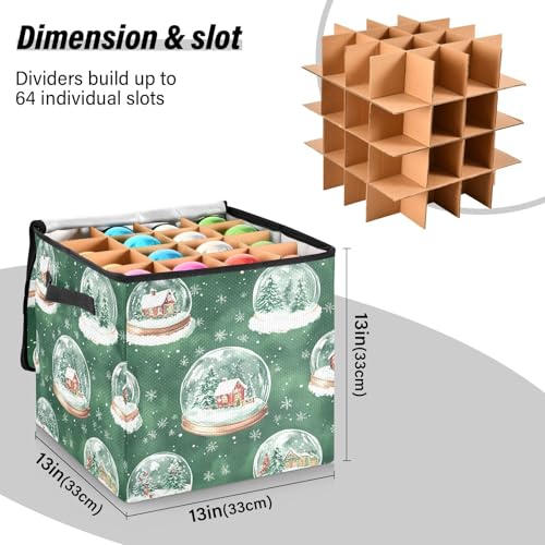 Snow Globe Christmas Ornament Storage Box with Adjustable Dividers Stores up to 64-3 Inch Holiday Ornaments, 13 x 13 Inch Xmas Storage Containers A03