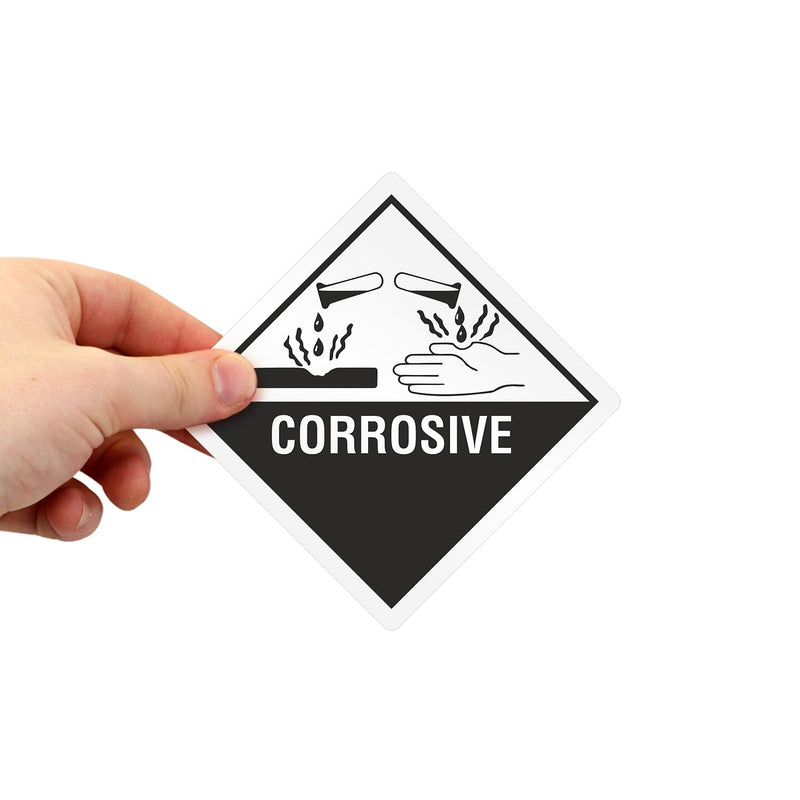 SmartSign Corrosive Labels with Symbol - 500/Roll, 4 x 4 inch Diamond, 4 mil Vinyl with Permanent Adhesive, Hazmat Shipping/Packing/Handling Labels, Black/White, Made in USA