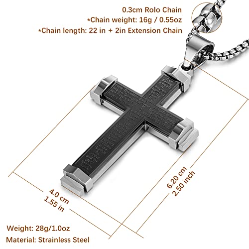 HZMAN Stainless Steel Men's Large Cross Necklace Lord's Prayer Pendant Necklace Jewelry Gift Silver Black
