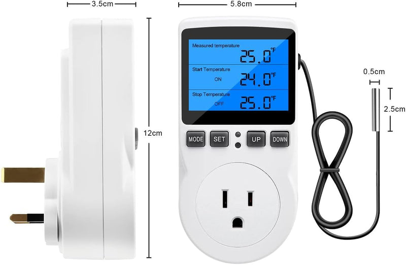 [Australia - AusPower] - Diymore Plug in Thermostat Temperature Controller Electric Digital Thermostat Heating Cooling Control Mode Timer White 2900W 250V 15A Digital Temperature Controller Thermostat Timer Backlit Display 