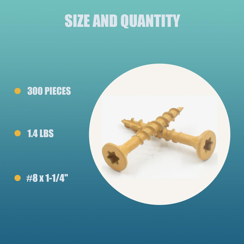[Australia - AusPower] - 300 Pcs Exterior Deck Screws 8#×1-1/4 inch, Wood Screws with Yellow Ceramic Coating, Premium Outdoor Rust Resistant Self Taping Screws,T25 Drive Bit includs. 8#×1-1/4inch 300 