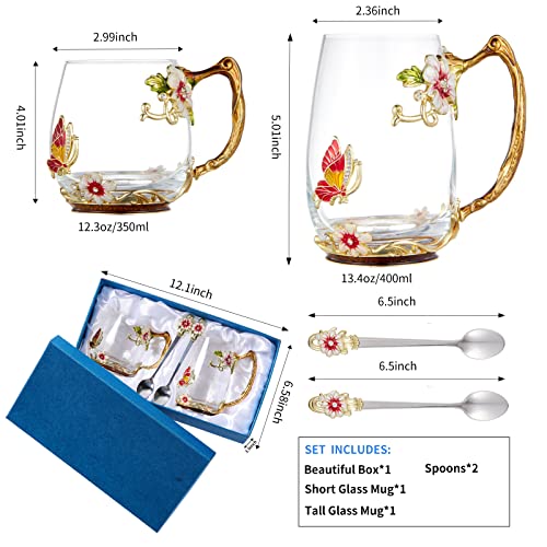 Tea Cup Glass Coffee Mugs,Fancy Tea Cup Set Birthday Christmas Valentine's Day Gift Idea for Tea Lover and Women Novelty Coffee Mugs Rose Flower Enamel Tea Cup Glass Mug with Spoon Red daisy butterfly