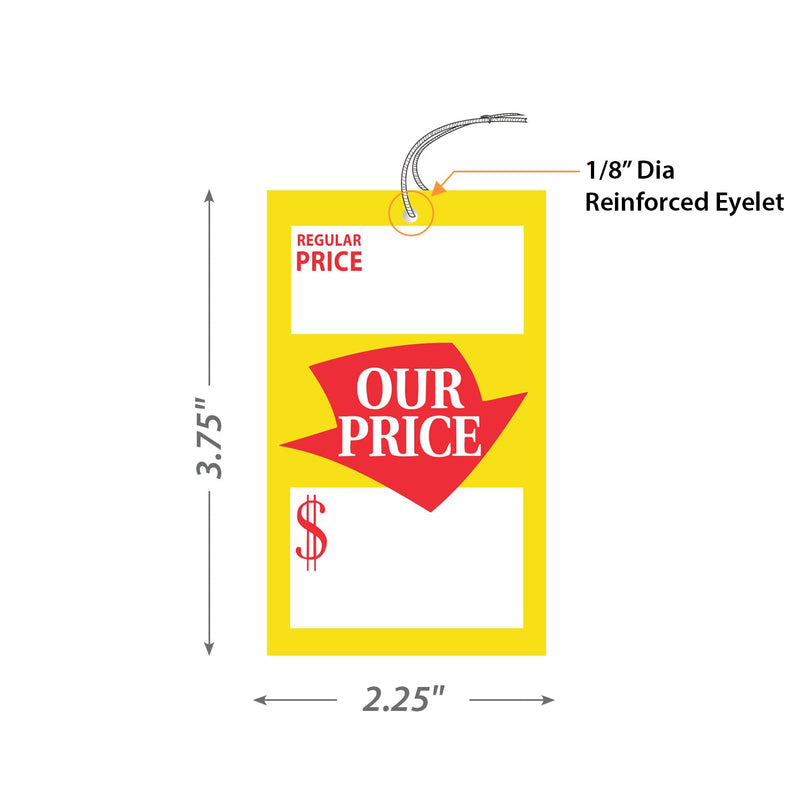 SmartSign Pack of 250 Regular and Special Our Price Tags with String Pre-Attached, 2.25 x 3.75 inch, 12 pt Cardstock, Merchandise Coated Tags, Red/Yellow/White