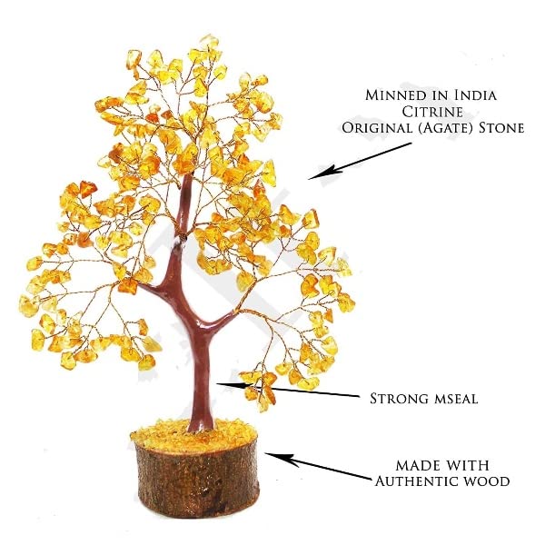 Citrine Tree Crystal Tree Healing Gemstone Crystal Bonsai Fortune Money Tree for Good Luck, Home Office Kitchen Décor Spiritual Gift (Golden Wire and 300 Beads) Size 10-12 Inches (Citrine) Citrine