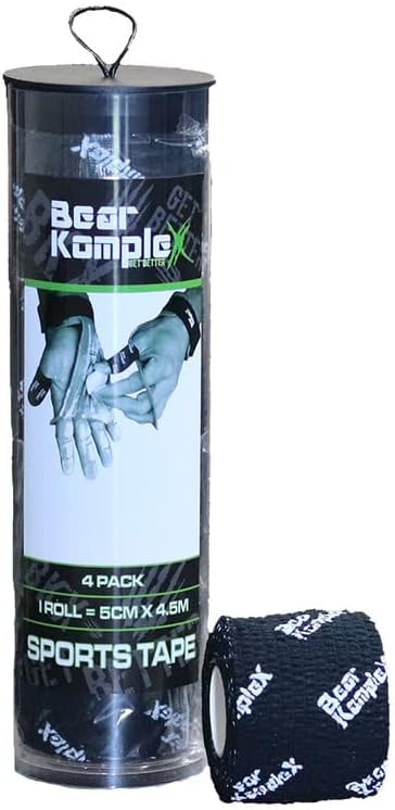 Bear Komplex Athletic Sports Tape, 4 or 12 Pack of Premium Adhesive Wrap, 5 cm Tape, Sweatproof, Breathable, and Non-Slip for Lifting, and Hook Grip, Hypoallergenic and Latex Free Black 4 Count