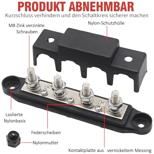 Hoypeyfiy Pack of 2 Bus Distribution Block, 12V-48V DC BusBar Distribution Block 250A BusBar Box with 4 x M8 Terminal Bolts, Suitable for Cars Motorhomes (Red, Black)