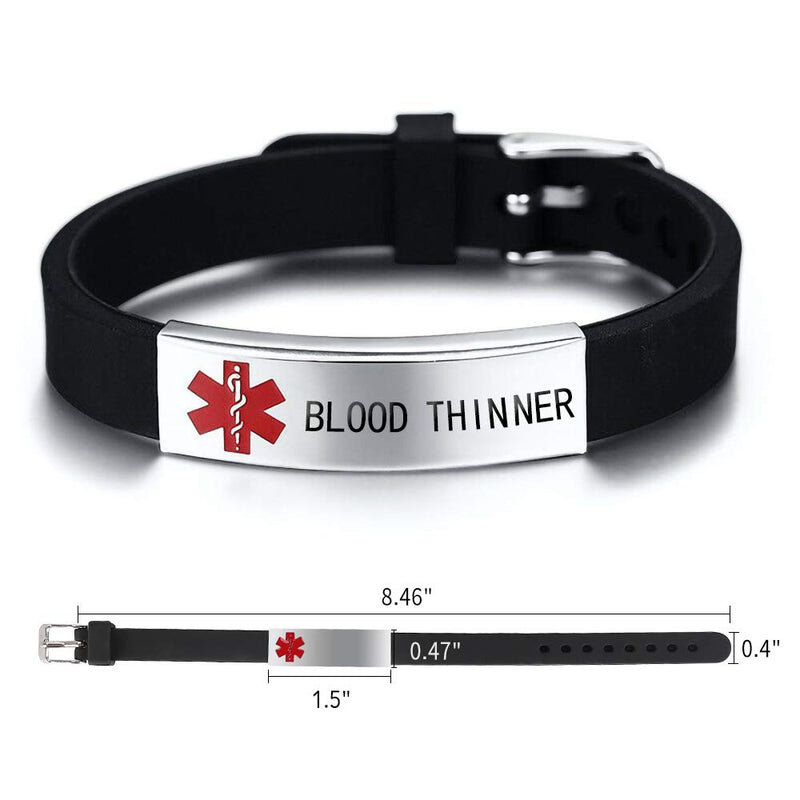 [Australia - AusPower] - Medical Alert ID Bracelet Laser Engraved BLOOD THINNER Adjustable Wristband for Women Emergency First Aid Black Band engraved BLOOD THINNER 