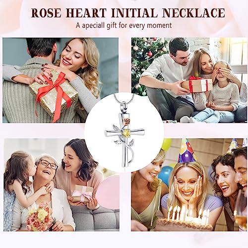 Minicremation Cross Urn Necklace for Ashes Birthstone Rose Flower Cremation Jewelry for Women Gilrs Keepsake Memorial Ashes Pendant Gold
