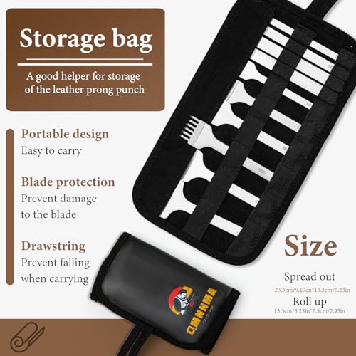 QMNNMA leather stitching punch set with 1, 2, 4, and 6-prong white steel chisels and storage bag