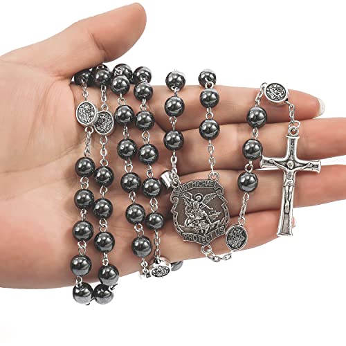 Nazareth Store Hematite Rosary Black Stone Beads Necklace Projection Our Father Prayer Medal with St. Michael Centerpiece and Crucifix 21"