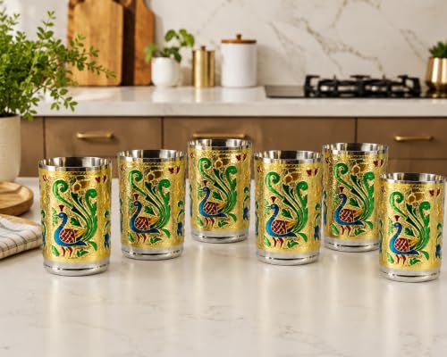 Rastogi Handicrafts Set of 6 Stainless Steel Glass Indian Handmade Meena Patchwork Peacock Design Golden Silver Color Diwali Christmas Tumbler Gift Set item (Golden)