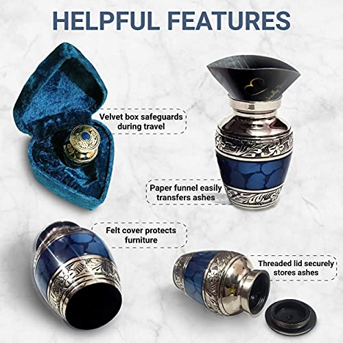 Small Keepsake Cremation Urns for Human Ashes with Velvet Heart Case and Funnel - Beautiful Peaceful Dark Blue Brass Hand Engraved Mini Memorial Urn Blue Small Keesake Urn