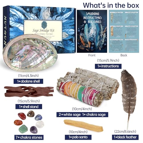 Nutgun Sage Smudge Kit - 2 White Sage Sticks, 1 Chakra Sage Stick, Palo Santo, Abalone Shell, Stand, Smudging Feather, 7 Chakra Stones & Guide ~ Sage Incense Sticks for Cleansing House & Meditation Sage Smudge Kit With Healing Stones