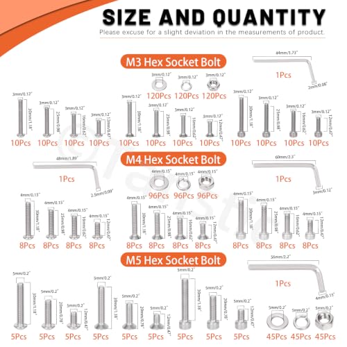 Tanstic 1048pcs M3 M4 M5 Hex Socket Head Cap Machine Screws Set, 304 Stainless Steel Flat Head Socket Cap Screws, Button Head Socket Cap Screws for Industrial Machinery M3/M4/M5