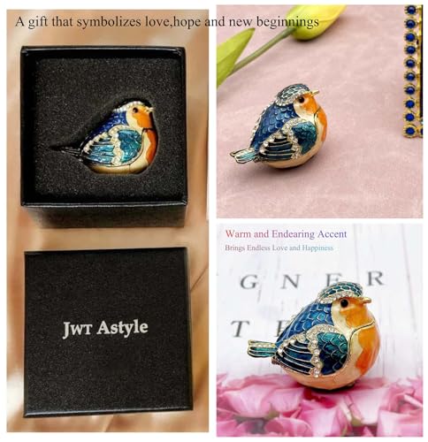 Hinged jewelry trinket box shaped like a robin bird, perfect for bird lovers, with detailed bird design and compact storage space.
