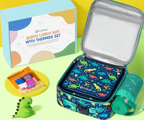 Fimibuke Bento Box for Kids Adult - Leakproof 3-4 Compartments Lunch Bento Box Set with Insulated Food Jar, Water Bottle, Lunch Bag, Sauce Cup & Cutlery for Toddler Teen Shcool Girl Boy Age 3+ A2.Dinosaur
