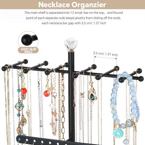 Meangood Jewelry Organizer Stand, 3-Tier Necklace Holder Jewelry Tree with Wooden Storage Drawer Box for Necklace Bracelet Earring Ring,Black Dark Black