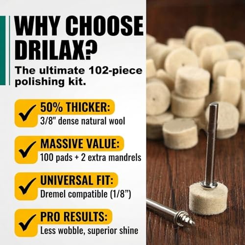 DRILAX 1/2-inch polishing buffing wheel kit with thick felt pads and mandrels for rotary tools like Dremel