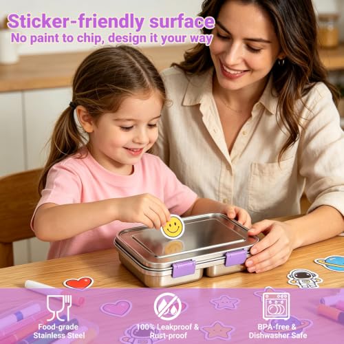 MaMix Stainless Steel Bento Lunch Box for Kids & Adults - Leakproof 4.4 Cup Lunch Container with 3 Compartments for School & Travel -Dishwasher Safe, BPA Free (purple) Purple