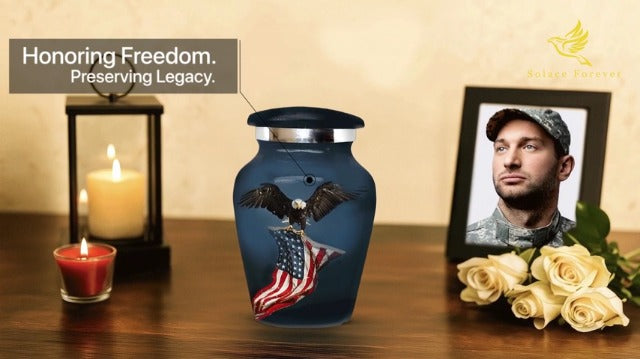 Solace Forever Small Urns for Human Ashes - Patriotic Eagle with US Flag Design - Mini Urn Keepsake Memorial for Men and Women - Handcrafted Remembrance Urn for Ashes (Black, Set of 1) Black