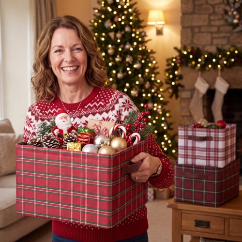 Junkin 3 Pcs Red Tartan Christmas Storage Basket with Handle for Gift Empty