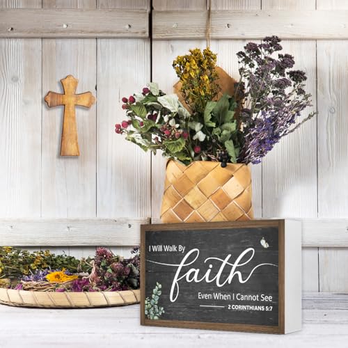 I Will Walk By Faith Wooden Box Sign Decor,2 Corinthians 5:7 Scripture Religious 10.3x6 Inches Wood Block Prayer Sign for Christian Home Office Shelf Wall Decor 2 Corinthians 5:7