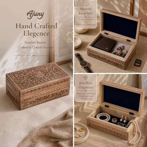Ajuny Wooden Jewelry Box Flower Carved Decorative Chest Storage 10 Inch