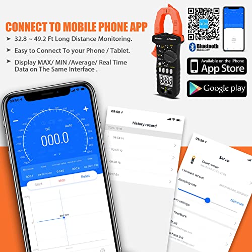 AIOMEST AI-7200APP Bluetooth digital clamp multimeter with LCD display, clamp jaws, NCV sensor, and test leads