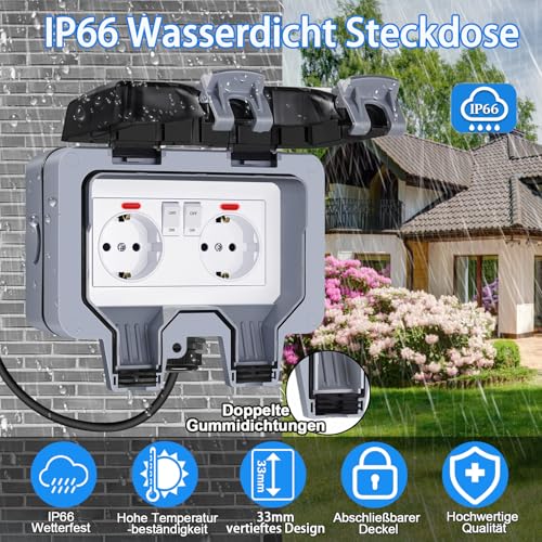 Outdoor Socket Waterproof 2-Way Outdoor Socket IP66 with Switch Indicator Light, Outdoor Socket Wall Socket Garden Socket with Lockable Hinged Lid for Garden Outdoor Wet Rooms 2-way external socket