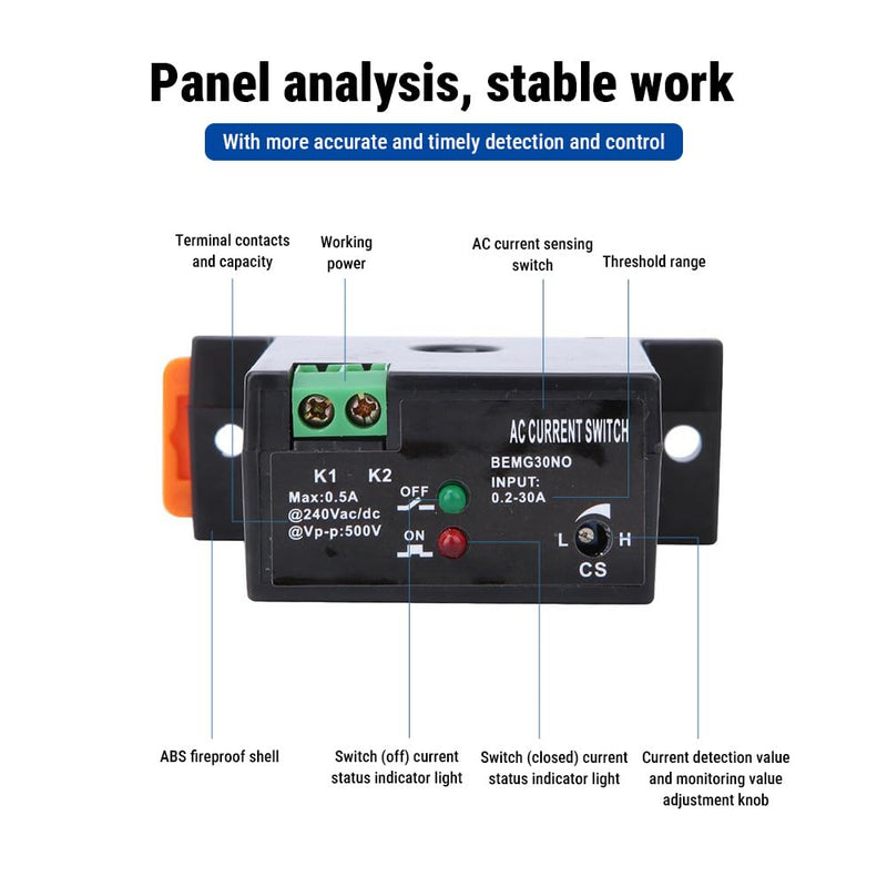 Adjustable Current Switch, Current Meter Switch AC 240V 0.2-30A, Normally Open Current Sensor Control Switch, for Industrial Automation Devices, Buzzer, Relay, Microcontroller