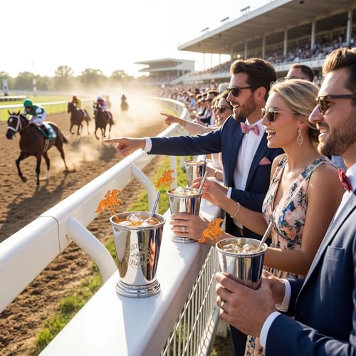 4 Pack 12 oz Derby Mint Julep Cups with Straws and Stirring Stick Stainless Steel Mint Julep Tumbler Silver Cocktail Glasses for Derby Horse Racing Party Supplies 4