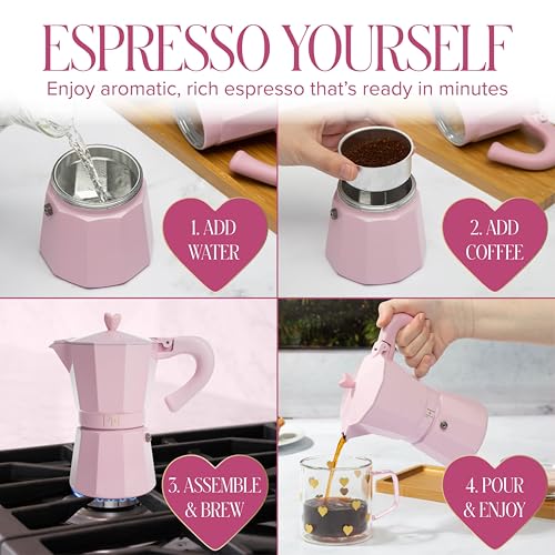 Paris Hilton Stovetop Espresso and Coffee Maker, Italian & Cuban Style Coffee Pot with Iconic Heart Knob, Perfect for Rich Aromatic Espresso, Makes up to 6 Espresso Cups, Pink
