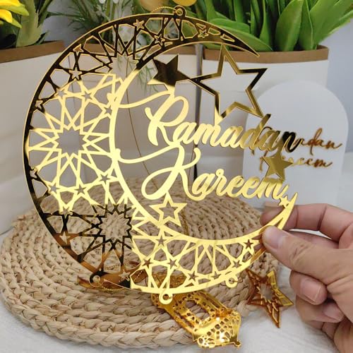 FUNCATCHER Ramadan Decorations for Home - 8.5x8.5 Inch Golden Acrylic Crescent Moon Hanging Ornaments, Islamic Eid Wall Door Decor (1, A) 1