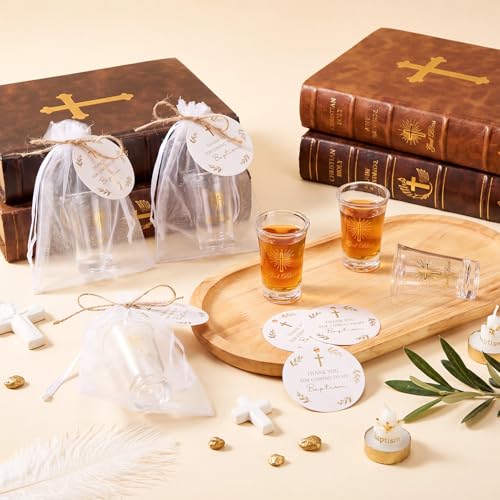 Sliner 50 Set 50 Set Baptism Party Favors Shot Glasses with Card Bag, Gold