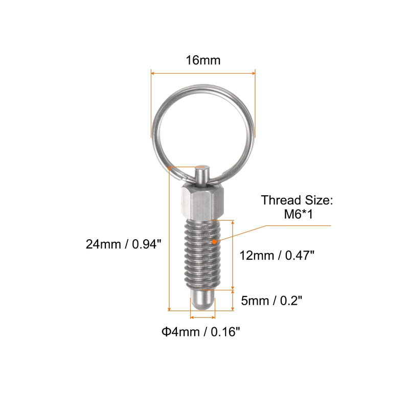 [Australia - AusPower] - 2Pcs Spring Plunger with Pull Ring M6x1 Thread Size 0.47" Thread Length Pin Dia.4mm Round Head Stainless Steel Non-Locking Retractable Index Plunger for Industrial Equipment 
