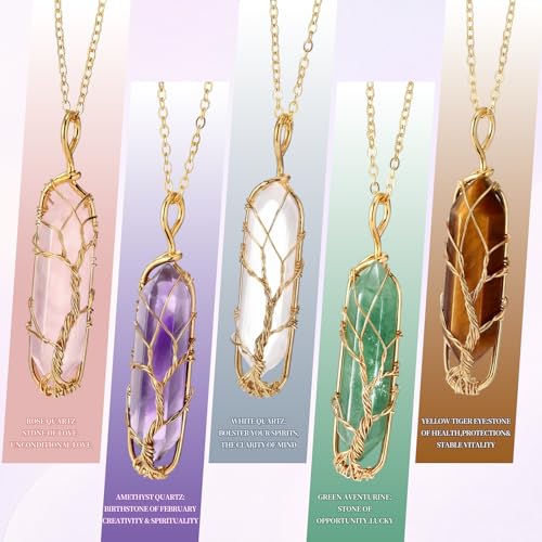 Yaomiao 5 Pcs Crystal Healing Necklaces, Mixed Color with Tree Gold Chain