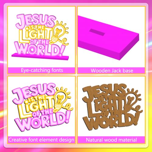 VBS 2026 Decorations Table Wooden Centerpiece 11.8x8.6 Inches Jesus is The Light of The World Religious Table Decorations Neon Style Vacation Bible School Tabletop for Christian Decor Supplies