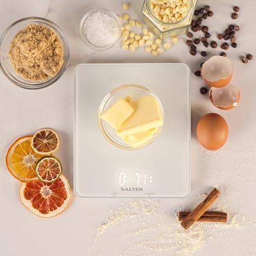 Salter 1180 WHDR Ghost Electronic Kitchen Scale- 5 KG Capacity Food Weighing Baking Scales, Hidden Until Lit Easy Read Digital Display, Large Slim Glass Platform, Add & Weigh, Measures Liquids, White Ghost White